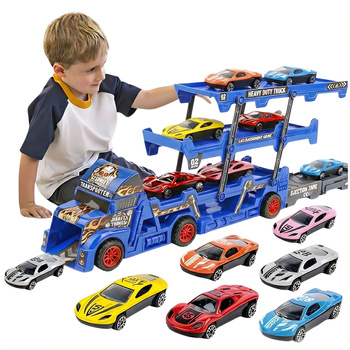 BIG TRUCK CARRIER TOY + 6 DIE-CAST CARS LAUNCHER TRANSPORTER GIFT SET