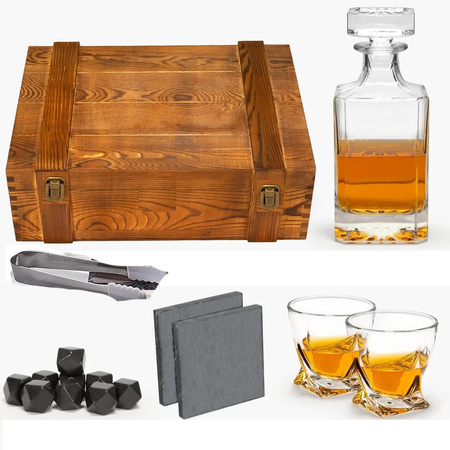 Whiskey gift set in wooden box glasses tongs stone cubes