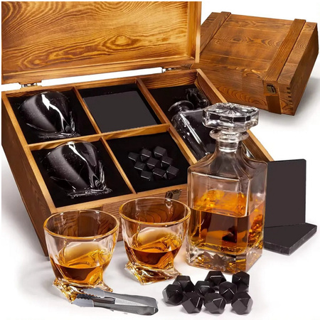 Whiskey gift set in wooden box glasses tongs stone cubes