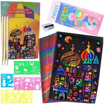 Scratch Art Paper Creative Set A5 Magic Rainbow Scratch Off Sheets Stencils Craft Kit 3+