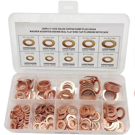 Set of copper metal washers large set xl 200 pcs 9 rozm. 9-18