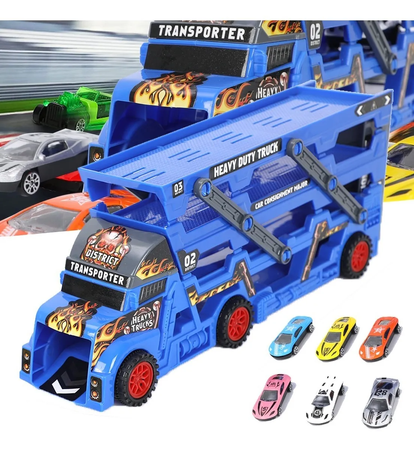 BIG TRUCK CARRIER TOY + 6 DIE-CAST CARS LAUNCHER TRANSPORTER GIFT SET