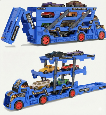 BIG TRUCK CARRIER TOY + 6 DIE-CAST CARS LAUNCHER TRANSPORTER GIFT SET