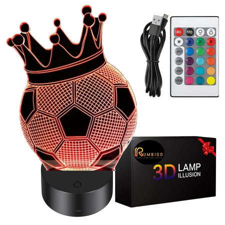 Lampka Nocna 3D PIŁKA NOŻNA Korona LED RGB PILOT Prezent dla Chłopca Rumbigo