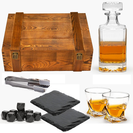 Whiskey gift set in wooden box glasses tongs stone cubes