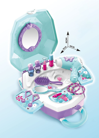 Toaletka na kółkach kosmetyki biżuteria suszarka lusterko walizka salon piękności kuferek