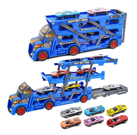 BIG TRUCK CARRIER TOY + 6 DIE-CAST CARS LAUNCHER TRANSPORTER GIFT SET