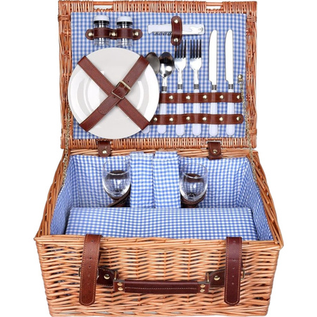 Thermal picnic basket wicker equipment cutlery plates 2 person set