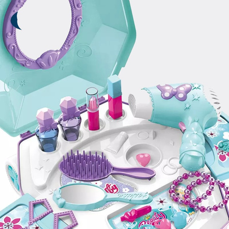 Toaletka na kółkach kosmetyki biżuteria suszarka lusterko walizka salon piękności kuferek