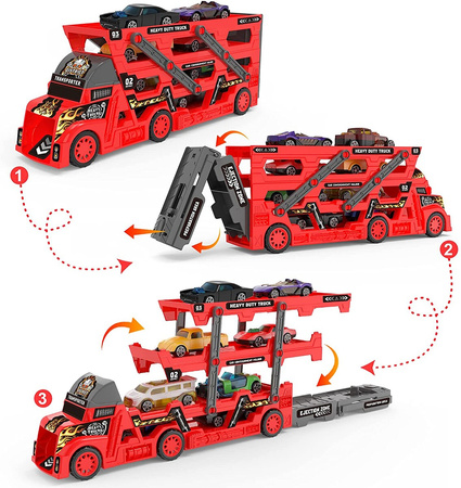 TIR laweta + 6 autka resoraki wyrzutnia cięzarówka Ciężarówka do przewozu samochodów Zabawka Truck Walizka na samochód zabawkowy