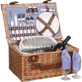 Thermal picnic basket wicker equipment cutlery plates 2 person set