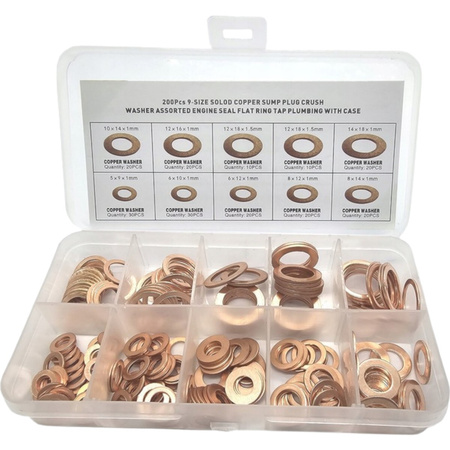 Set of copper metal washers large set xl 200 pcs 9 rozm. 9-18