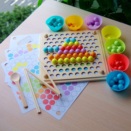 DREWNIANA UKŁADANKA MOZAIKA KORALIKI KULKI MONTESSORI LOGARYTMICZNA TABLICA