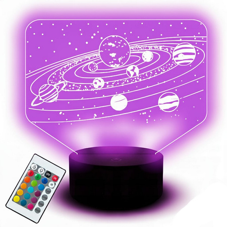 Lampka Nocna 3D UKŁAD SŁONECZNY Planety Kosmos PREZENT dla Dziecka Chłopca PILOT 16 Kolorów Rumbigo  LED USB
