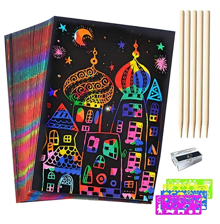 Scratch Art Paper Creative Set A5 Magic Rainbow Scratch Off Sheets Stencils Craft Kit 3+
